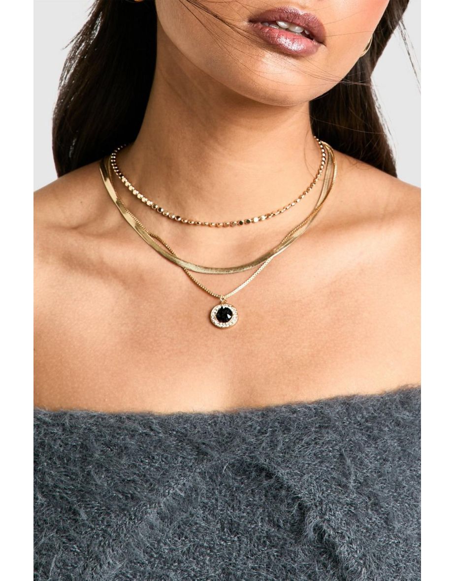 Black Diamante Pendant Layered Necklace - gold