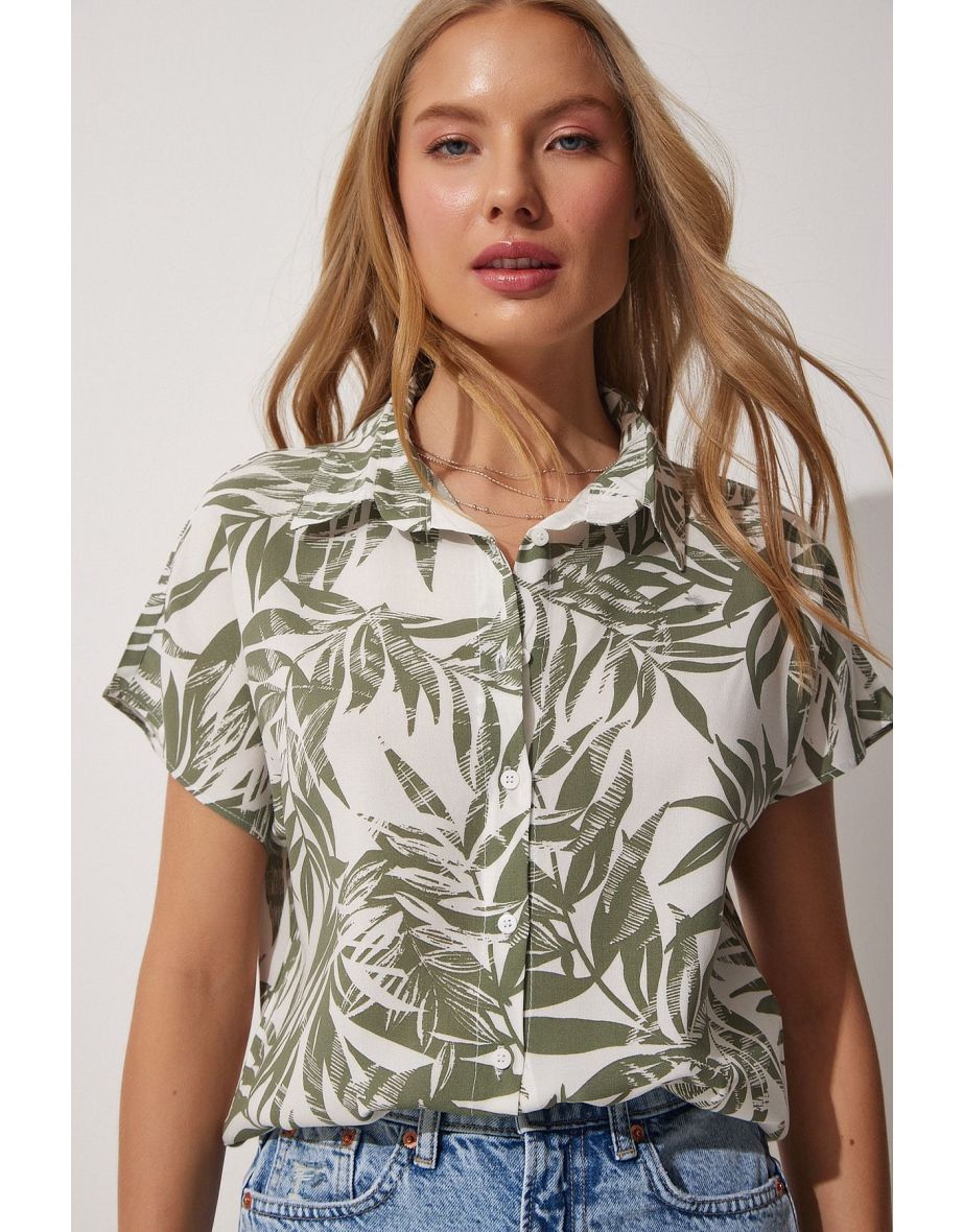 Women's Turquoise Floral Print Short Sleeve Viscose Shirt - 5