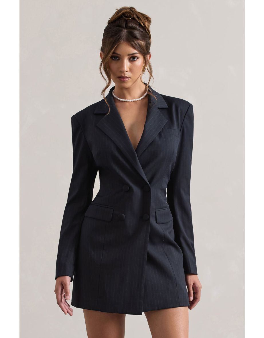 State Of Mind | Navy Pinstripe Tailored Blazer Mini Dress - 5