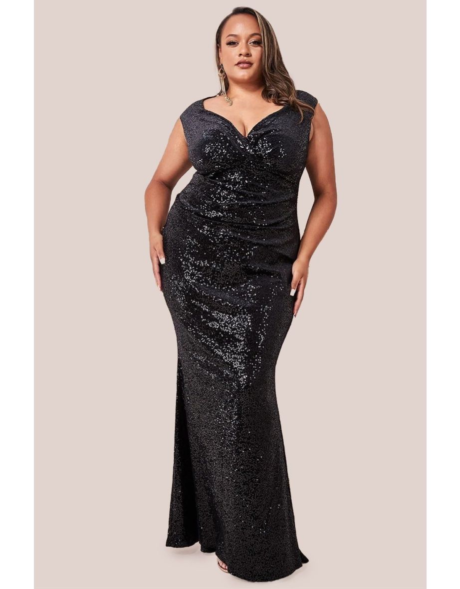 Goddiva Plus Sequin & Velvet Bardot Maxi Dress - Black