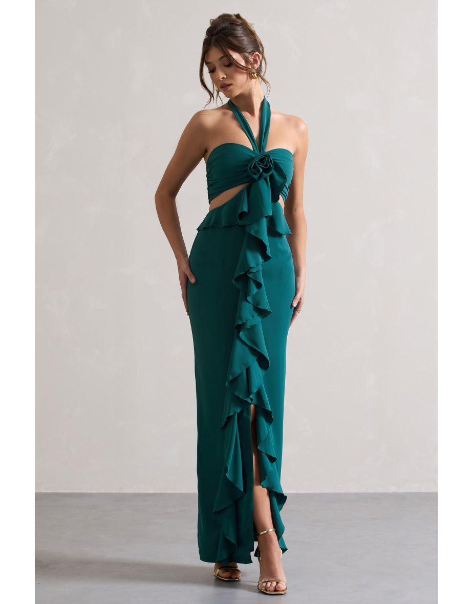 Powerful | Blue Cut-Out Halter-Neck Maxi Dress With Flower & Ruffles - 5