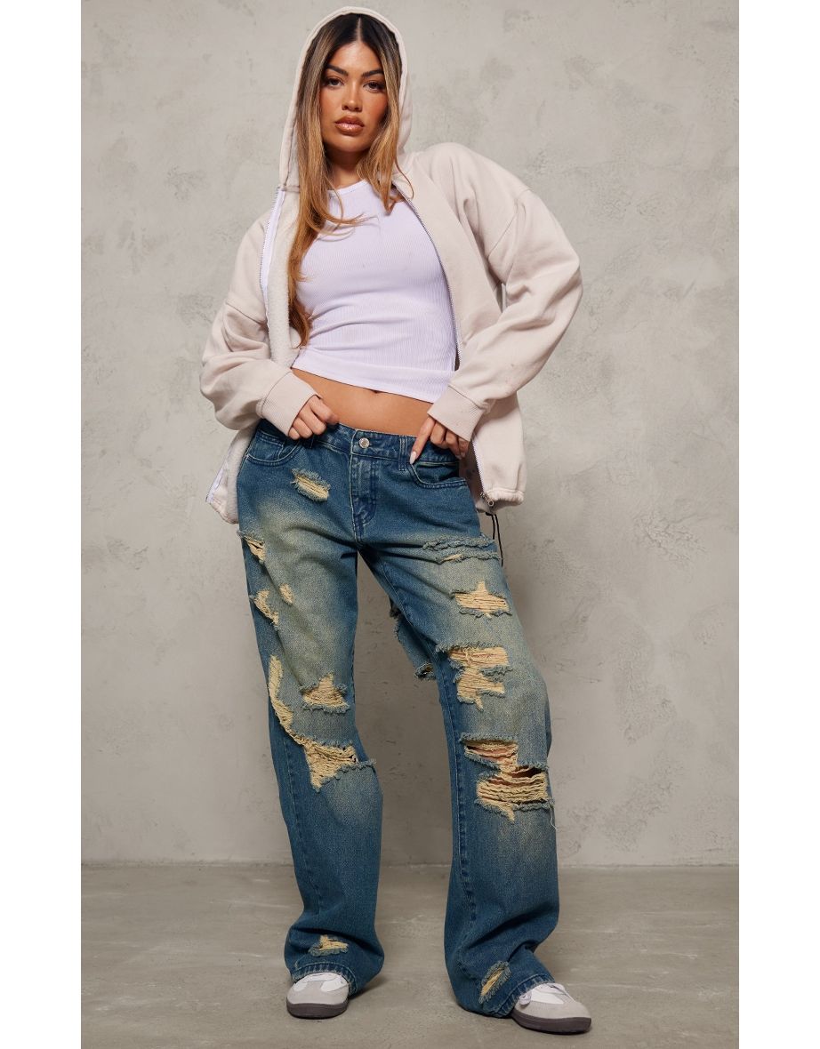 Dark Blue Wash Extreme Distressed Wide Leg Jeans