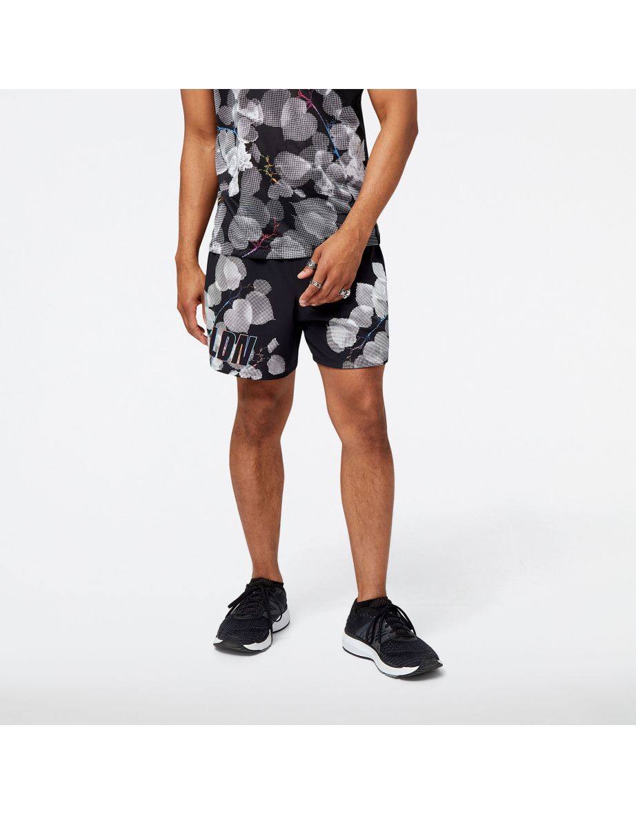 Men's New Balance London Edition Printed Impact Run 5 Inch Shorts in Black