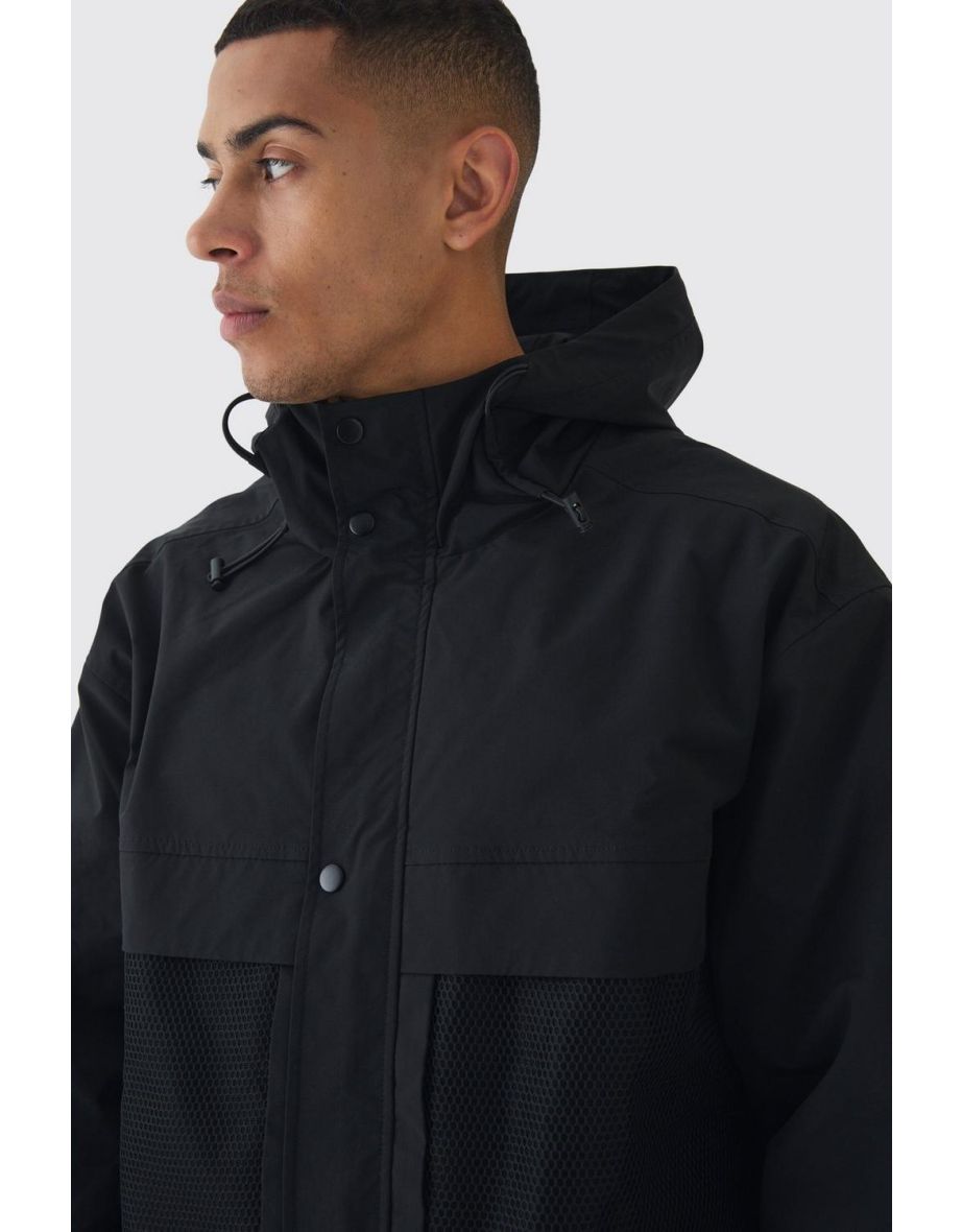 Hooded Mesh Panel Tech Parka In Black - 2