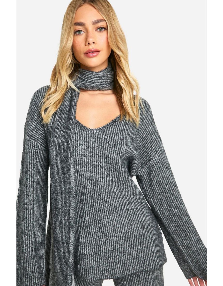 Stitch Detail V Neck Oversized Knitted Jumper And Scarf - grey - 3