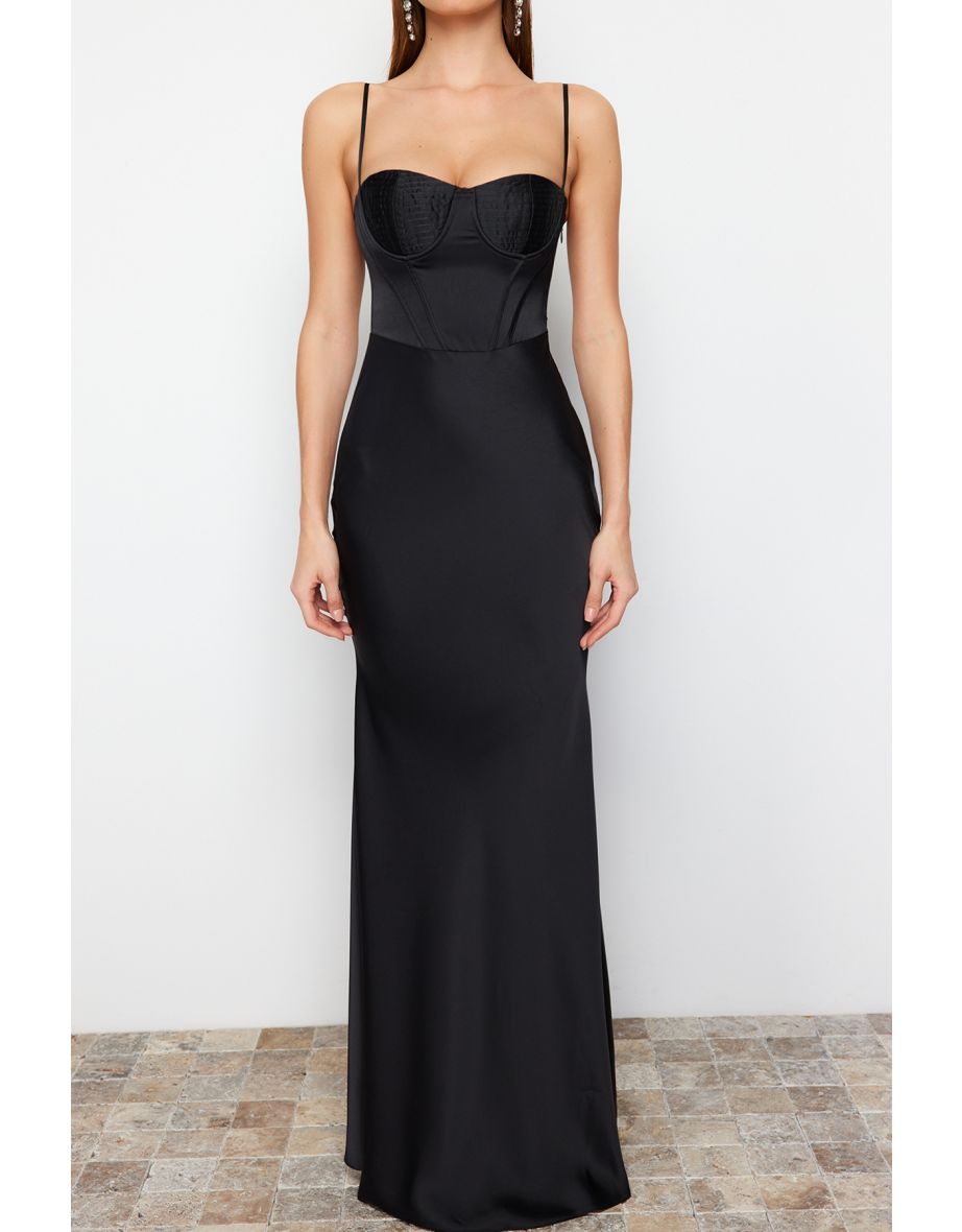 Black Body-fitting Woven Corset Detailed Satin Long Evening Evening Dress - 7