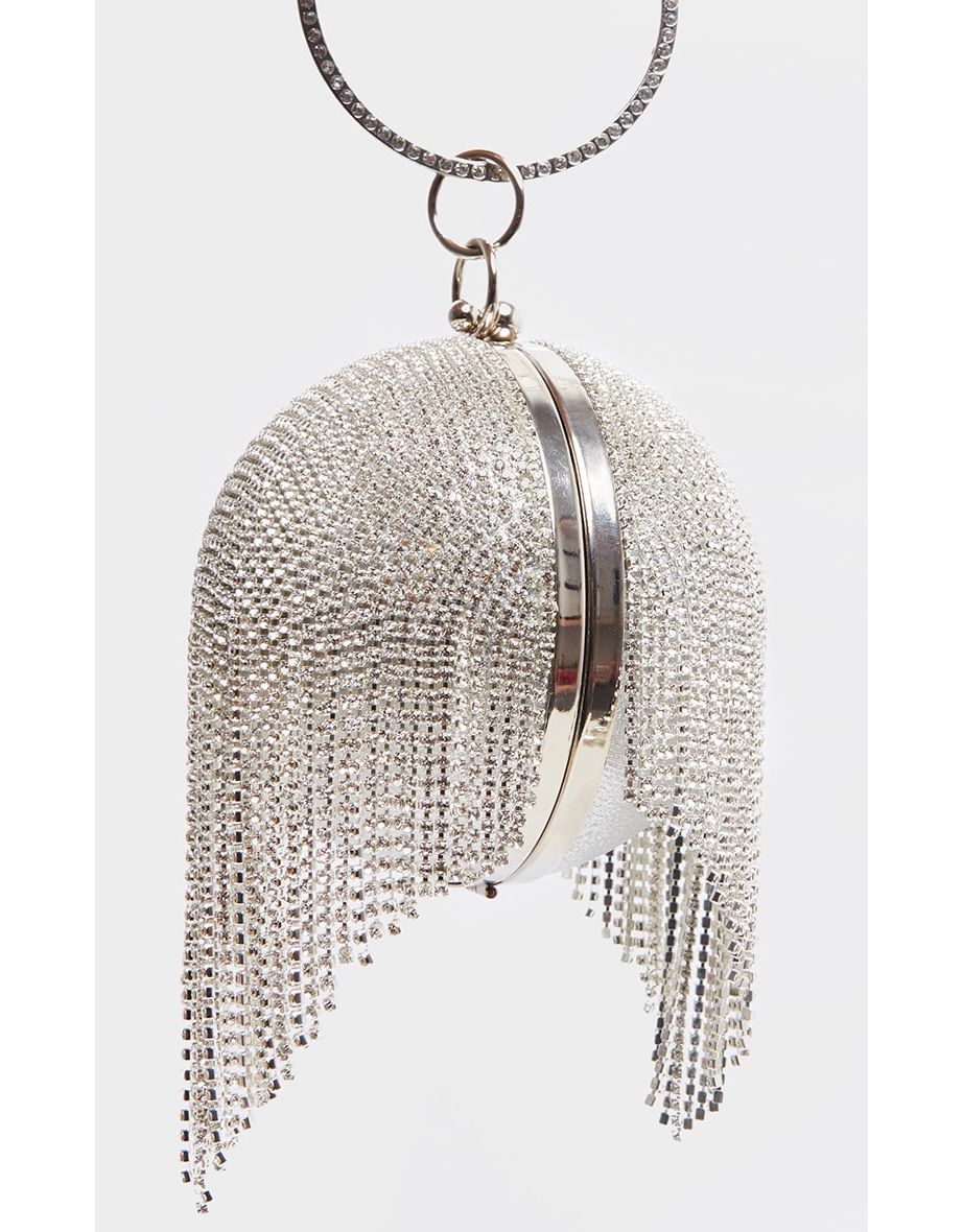 Silver Diamante Tassel Sphere Clutch - 3