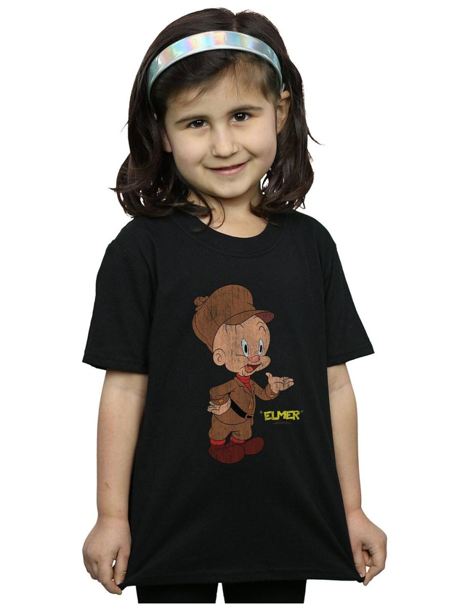 Looney Tunes Girls Elmer Fudd Distressed Cotton T-Shirt - Black