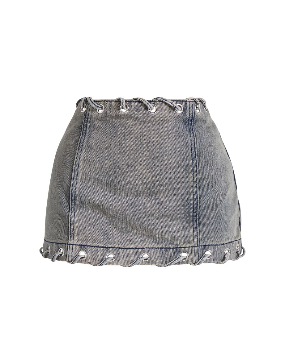 Petite Washed Grey Denim Lace Up Detail Mini Skirt - 5