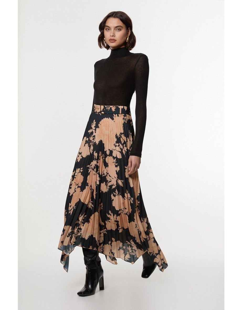 Petite Georgette Belted Pleat Woven Midi Skirt