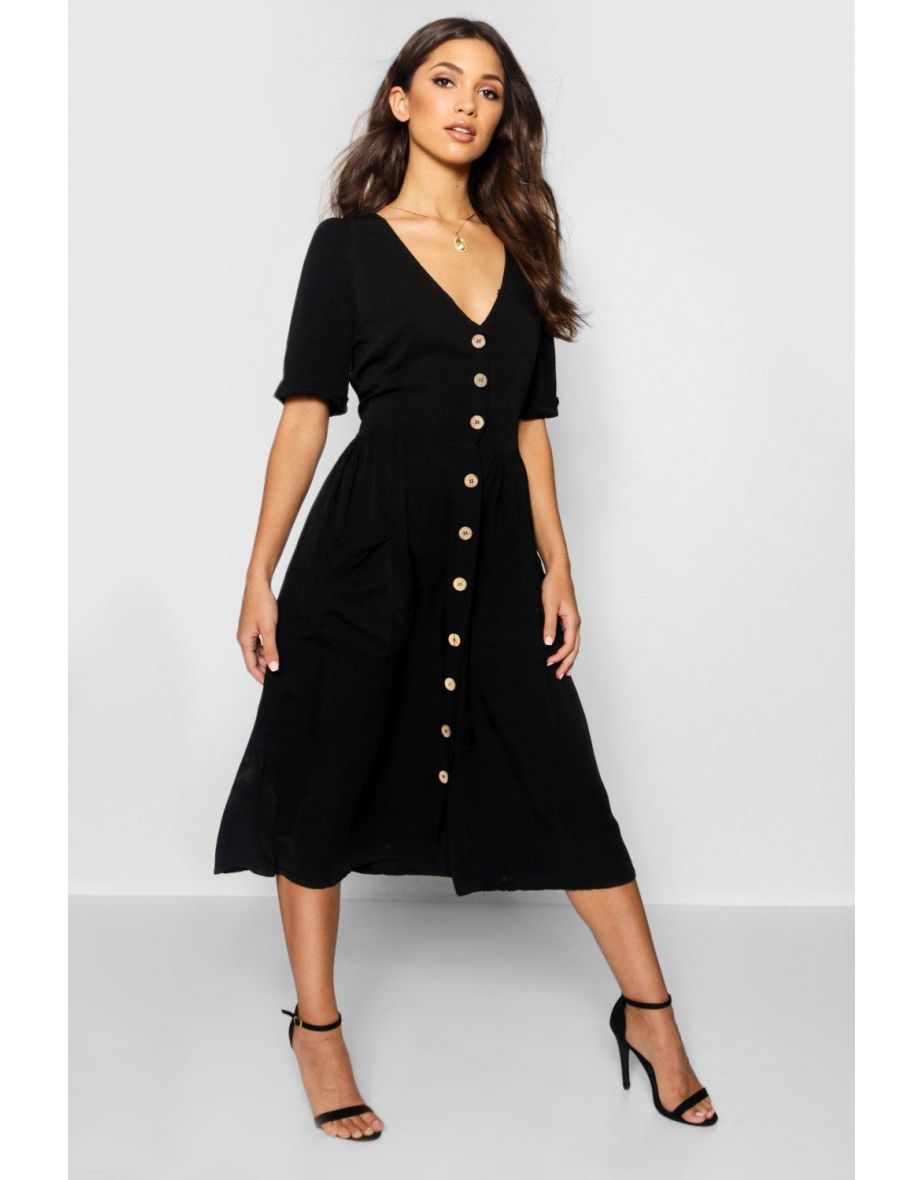 Button Front Pocket Detail Midi Dress - cream - 3