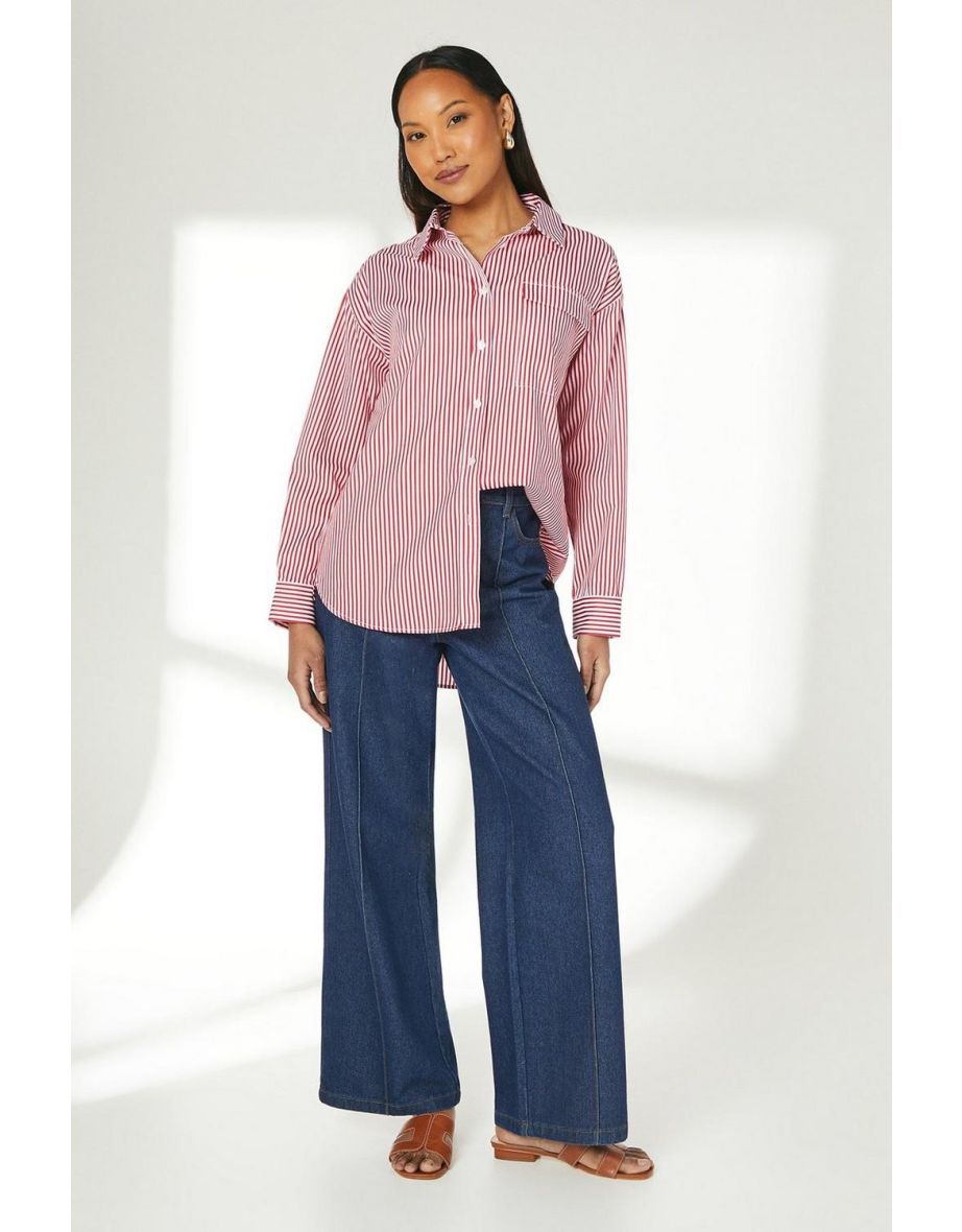 Red Striped Button Front Shirt With Piping Detail
