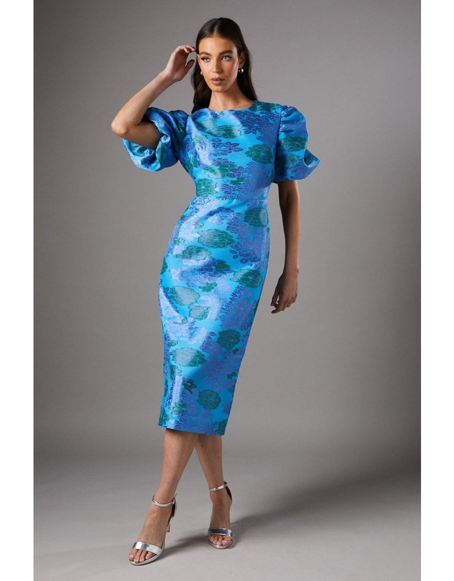 Blue Floral Puff Sleeve Midi Dress