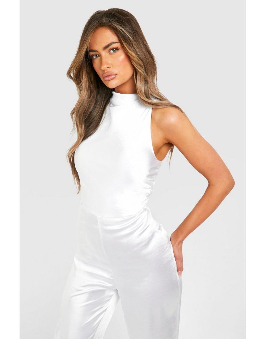 Bridesmaid Satin High Neck Jumpsuit - white - 3