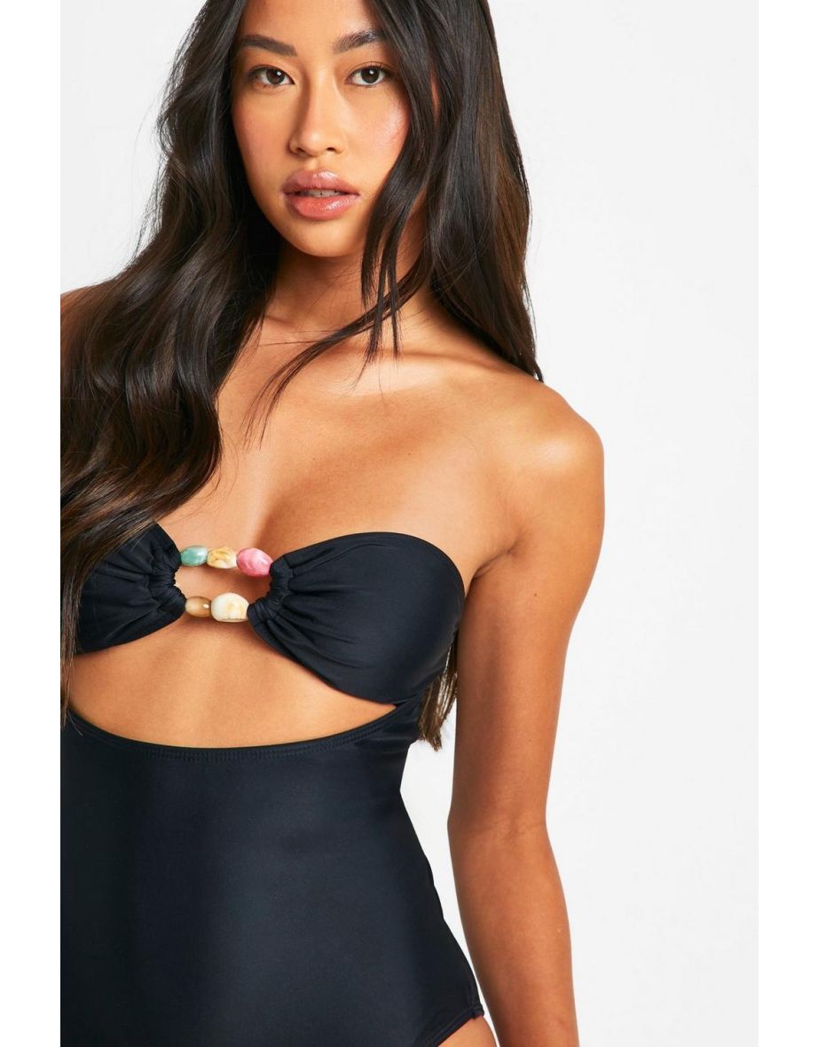 Beaded Trim Cut Out Bandeau Swimsuit - black - 3