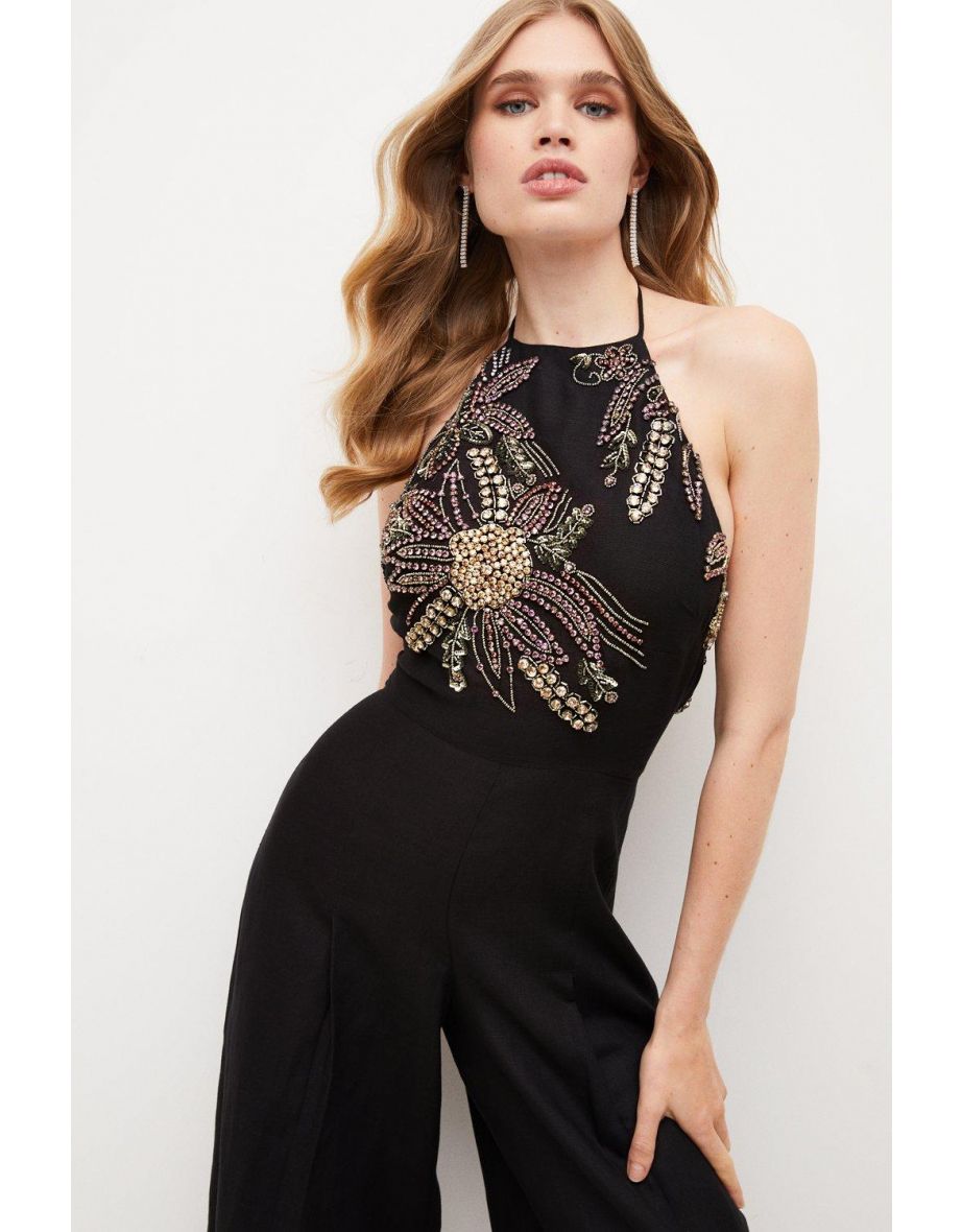 Crystal Embellished Linen Twill Jumpsuit - 2