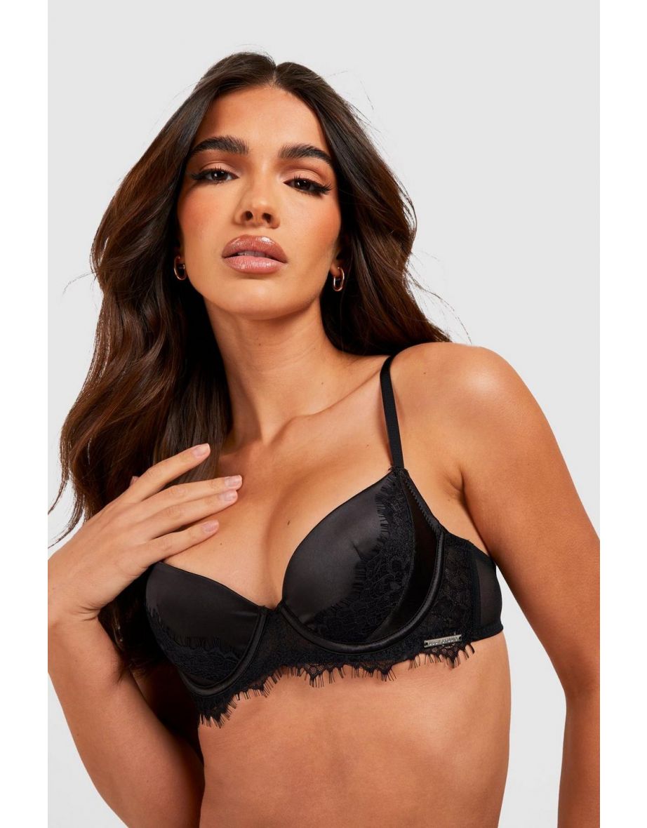 Satin & Lace Underwire Non Padded Bra - black - 2