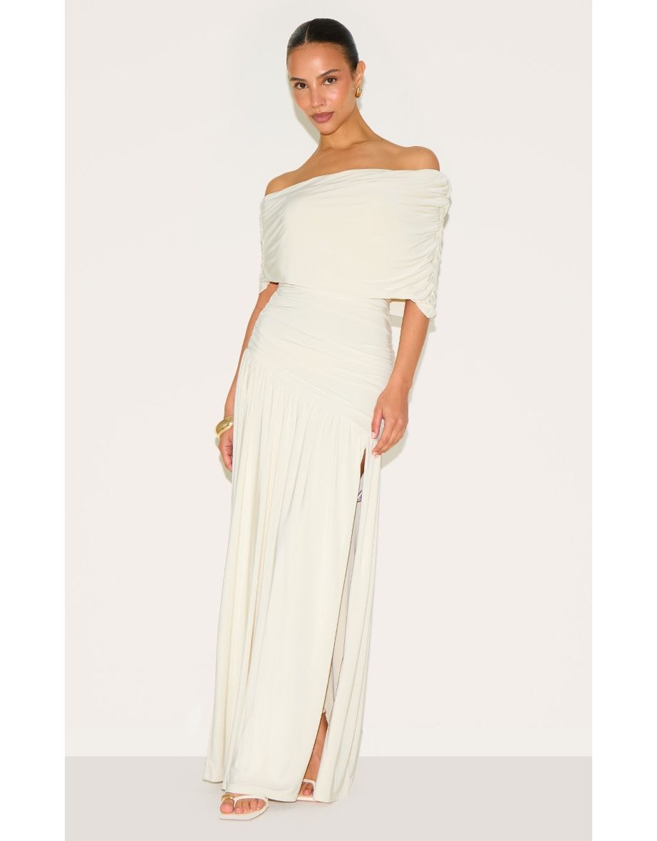 Petite White Double Layer Slinky Bardot One Shoulder Ruched Maxi Dress