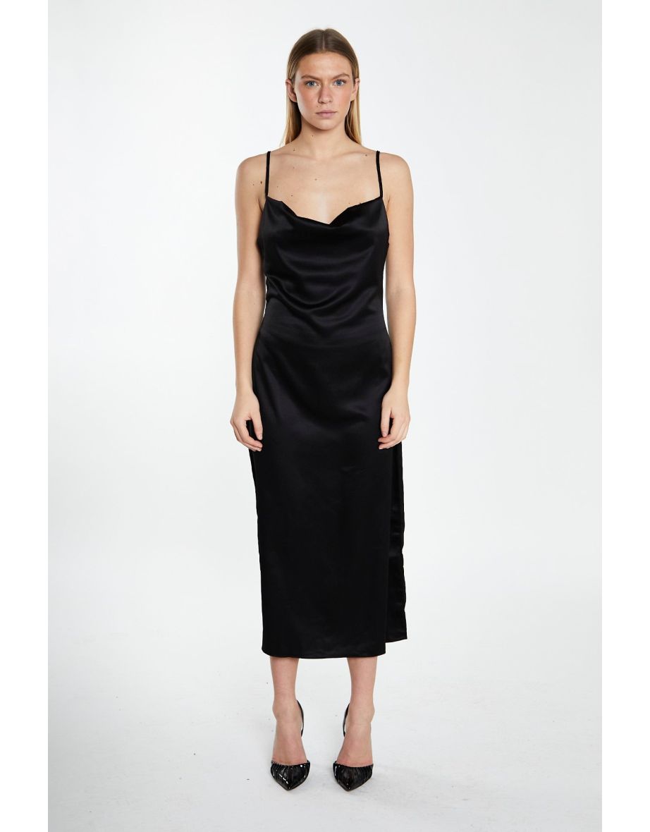 Shop Black Satin Cowl Neck Midi Dress Online in Qatar VogaCloset