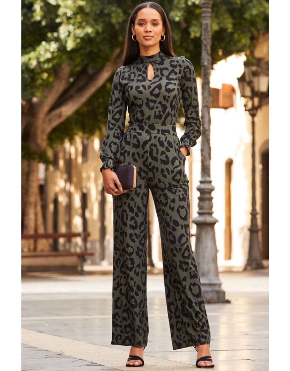 Khaki Green Animal Print Keyhole Detail Wide Leg Jumpsuit