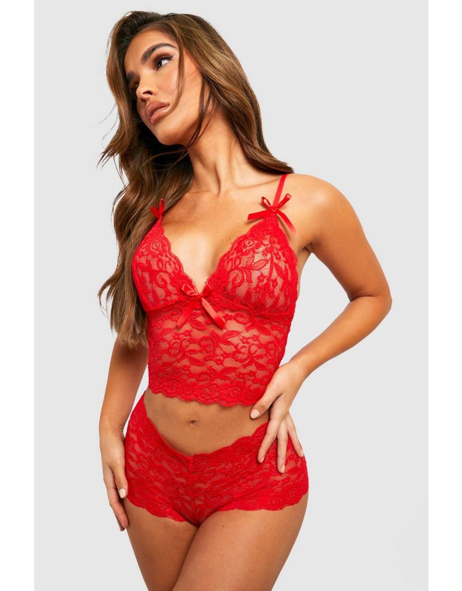 Valentine's Lace Bralette And Shorts Set - red