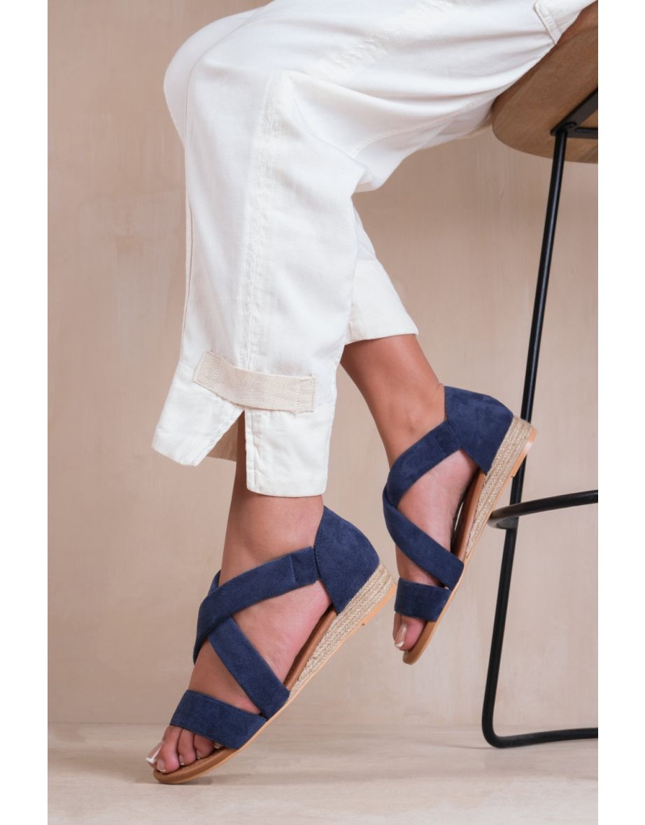 HUMMINGBIRD WIDE FIT LOW WEDGE SHOES WITH CROSS OVER STRAP IN NAVY SUEDE - 1