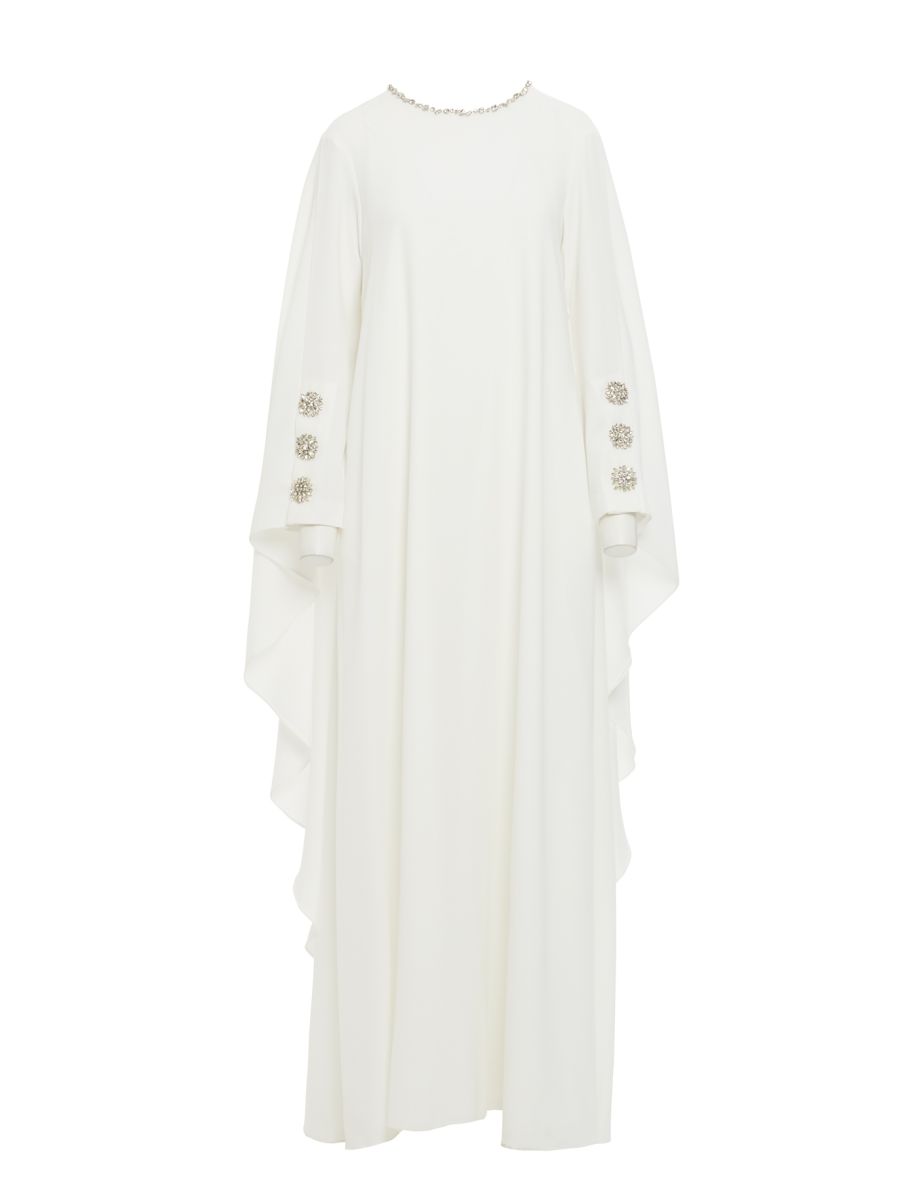 Stone Embroidered Cape Detail Long Off-White Dress