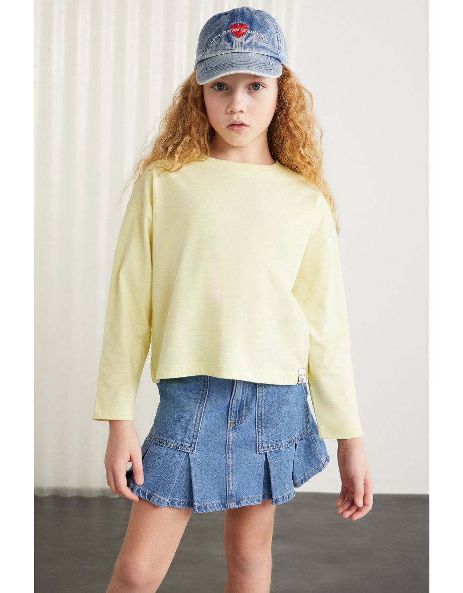 Nicola Girls 100% Cotton Long Sleeve Crew Neck Crop Yellow T-shirt - 4