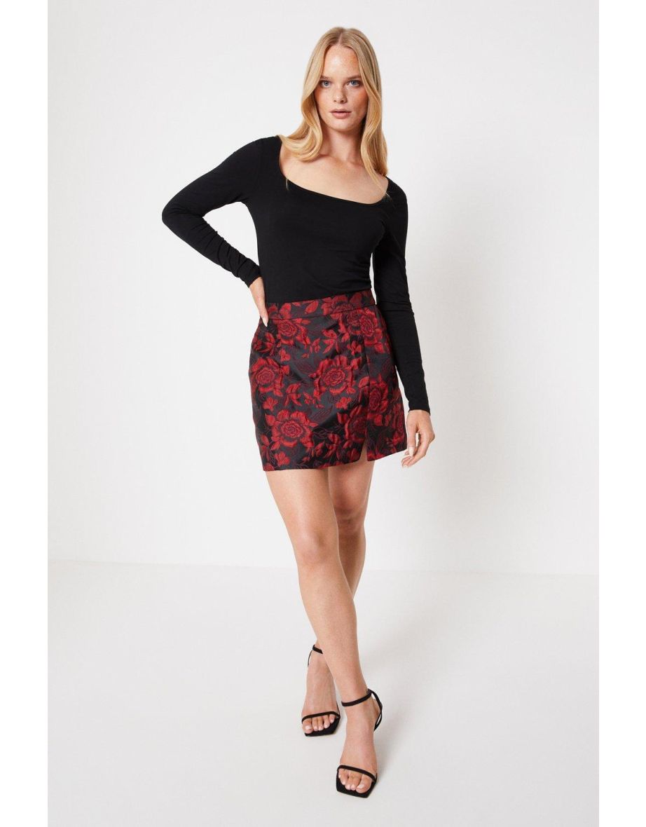 Floral Jacquard Split Mini Skirt