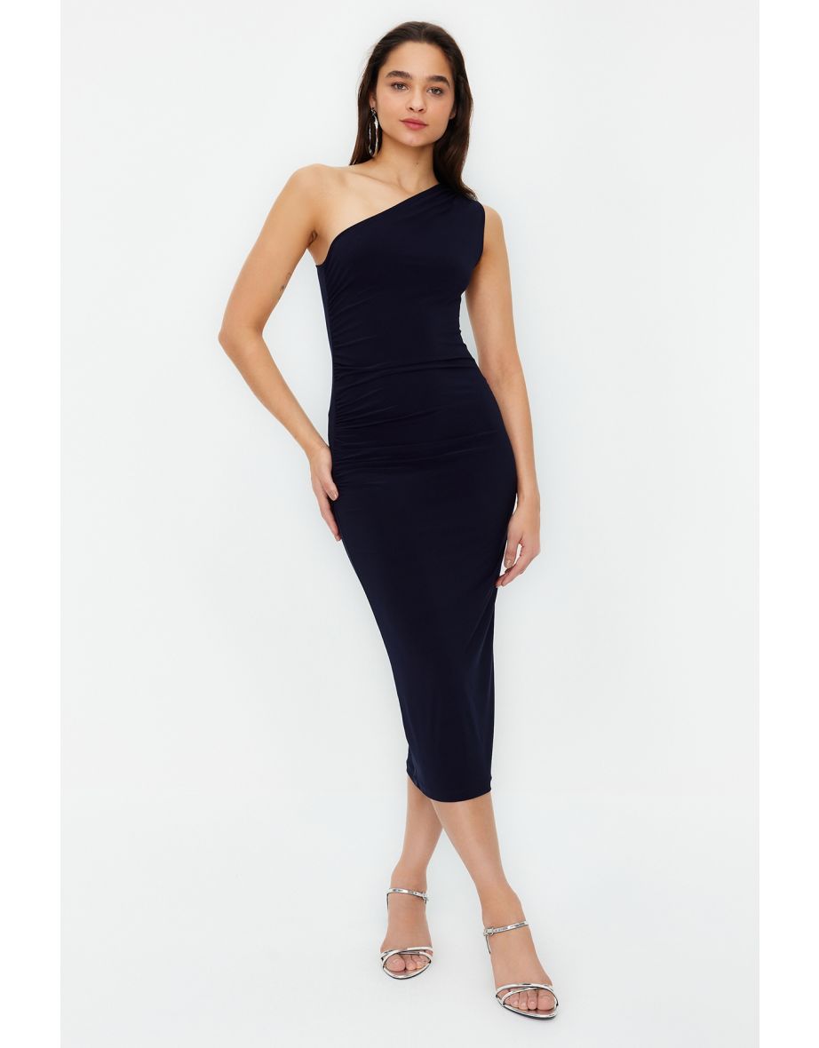 Navy Blue One Shoulder Draped Fitted Maxi Flexible Knitted Midaxi Dress