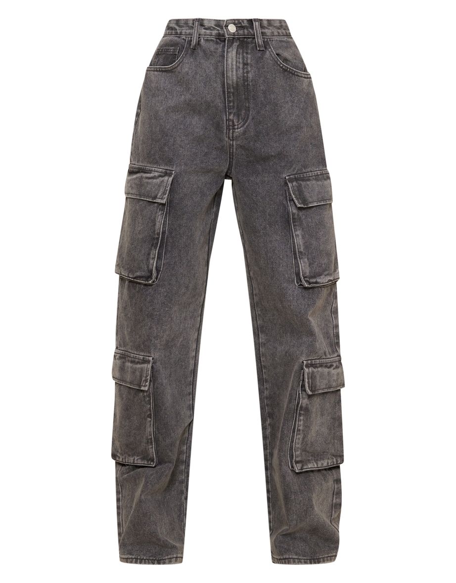 Grey Acid Wash Cargo Pocket Detail Slim Wide Leg Jeans - 4