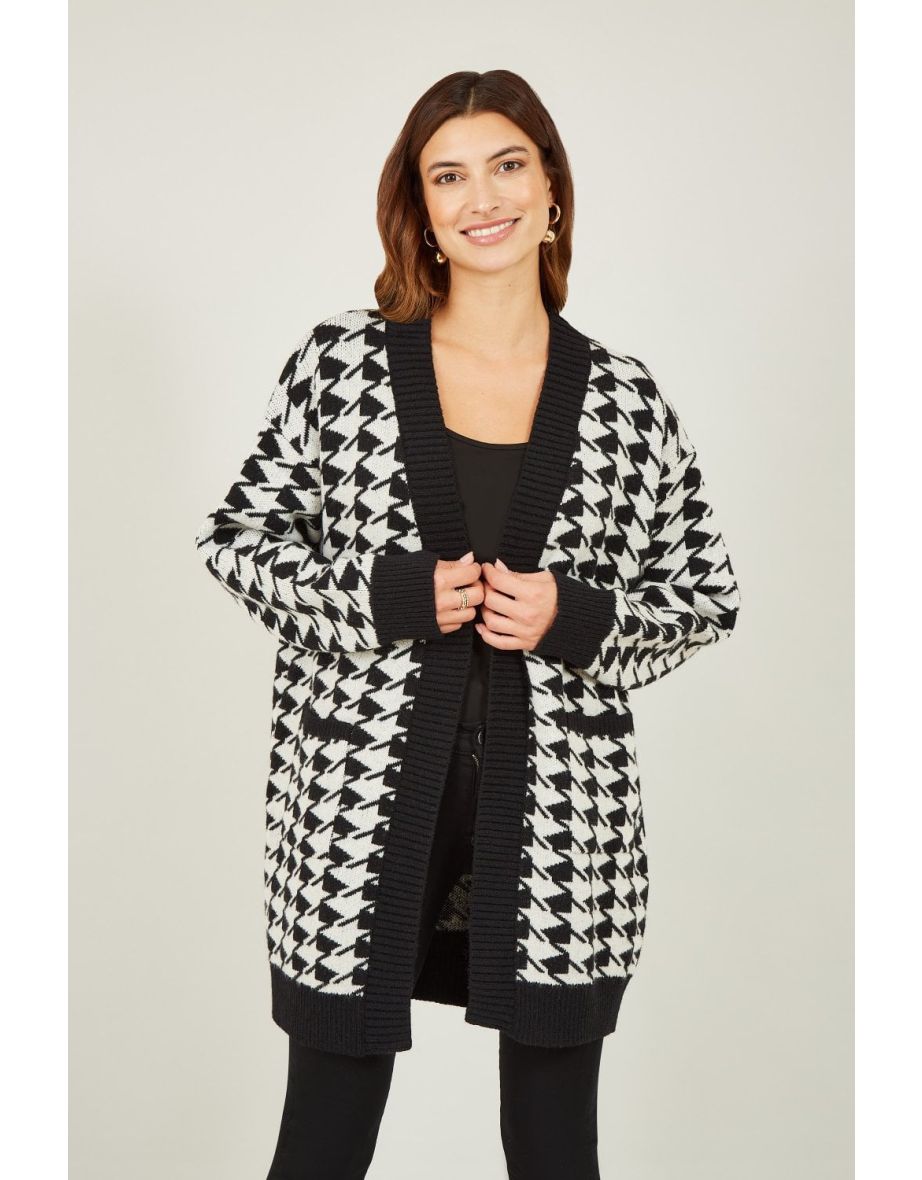 Yumi Black Dogtooth Intarsia Knit Long Cardigan