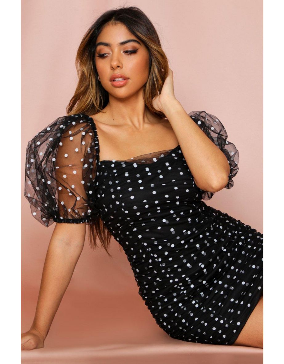 Polka Dot Mesh Ruched Mini Dress - 2