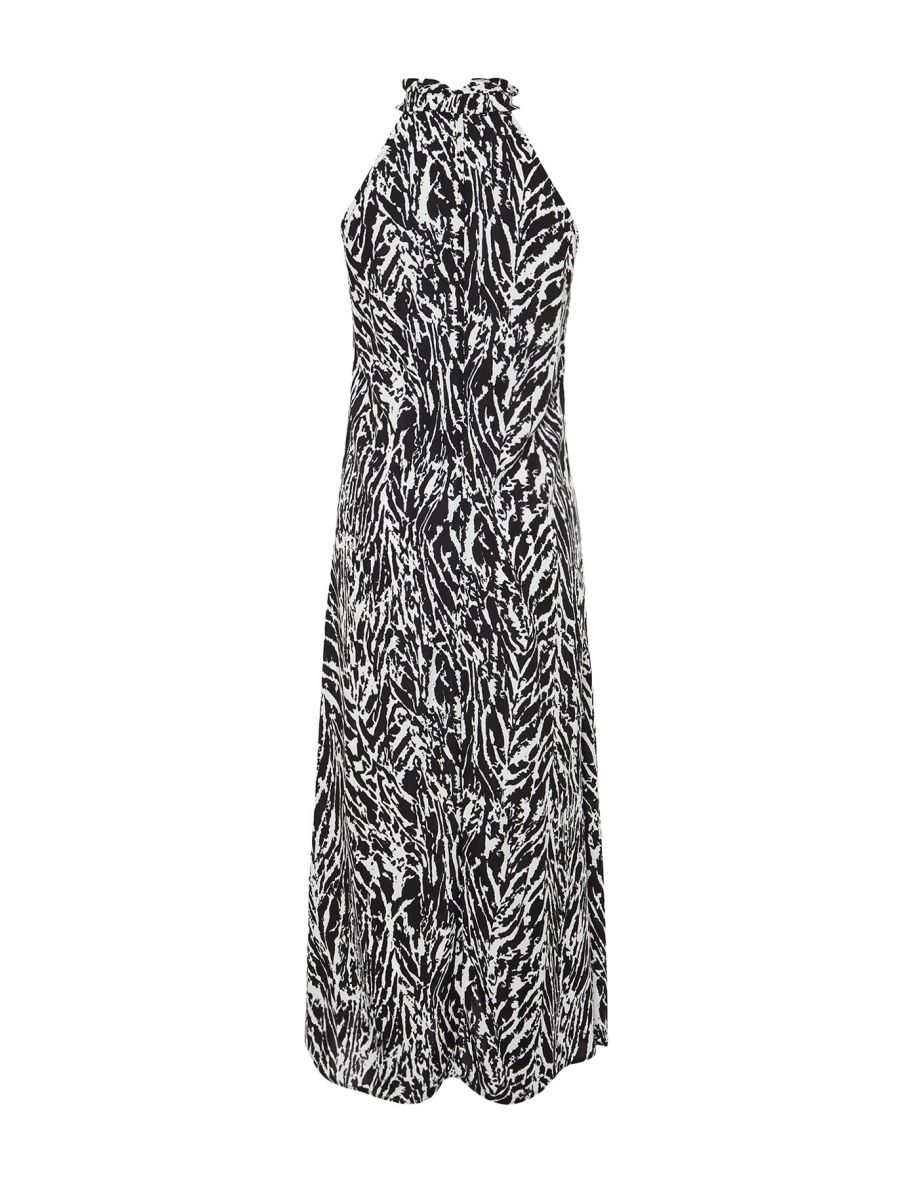 Black Shawl/Ethnic Pattern Straight Cut Halter Collar Viscose Maxi Woven Dress - 7