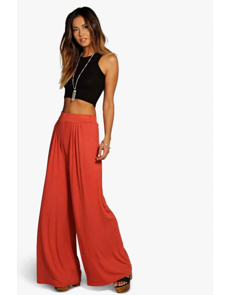 Pin Tuck Soft Tailored Wide Leg Trousers - rust