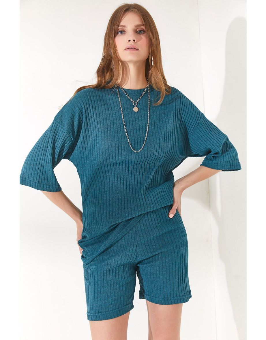 Women's Petrol Blue Bottom Short Leggings Top Loose Blouse Suit