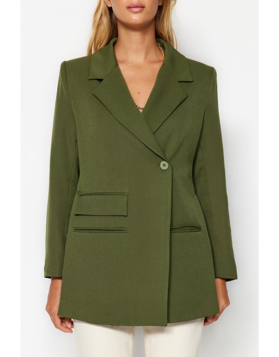 Khaki Oversize Lined Woven Blazer Jacket - 5