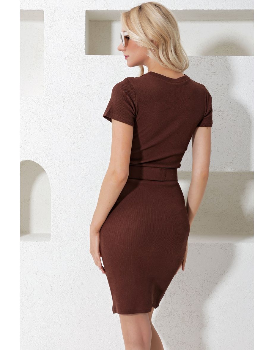 Women's Brown Crew Neck Belted Short Sleeve Camisole Dress - 2