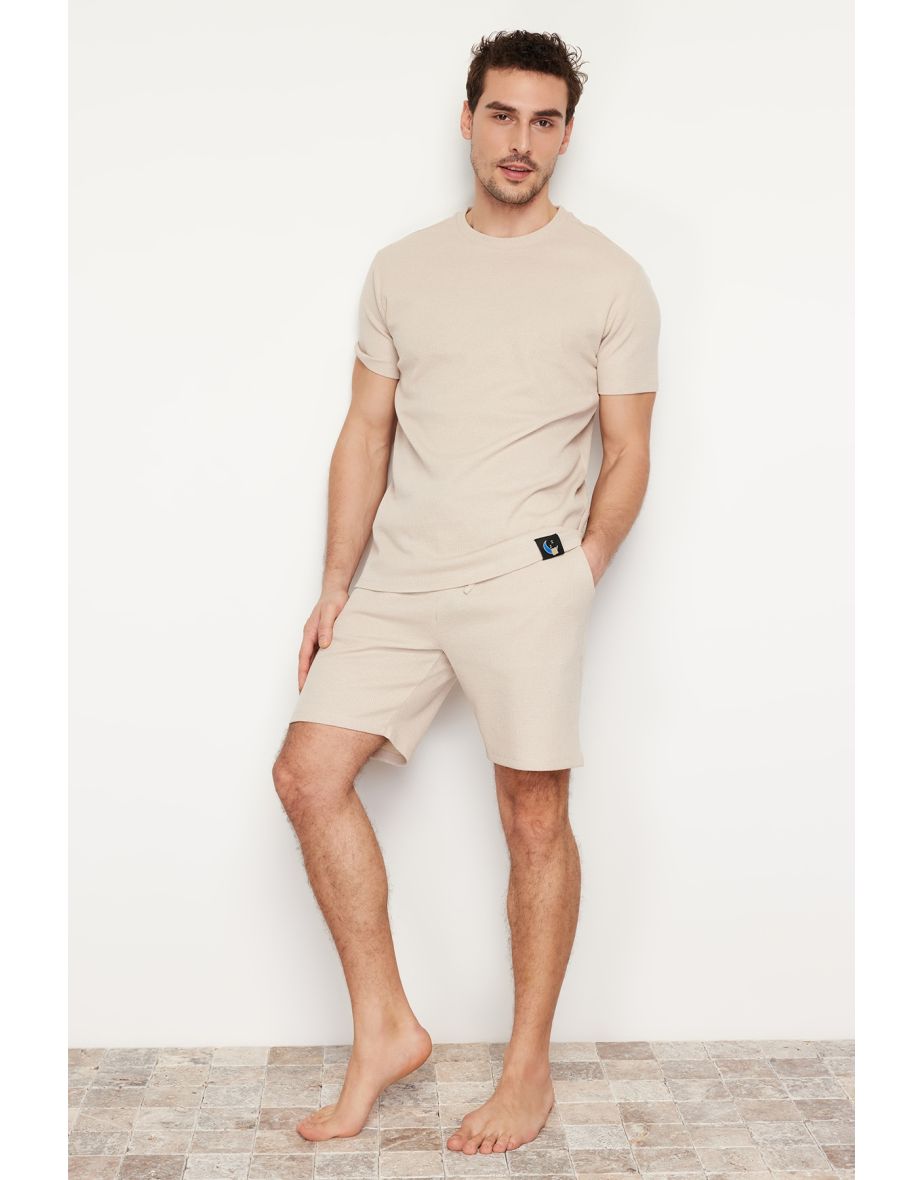 Men's Beige Regular Fit Waffle Knitted Pajama Set
