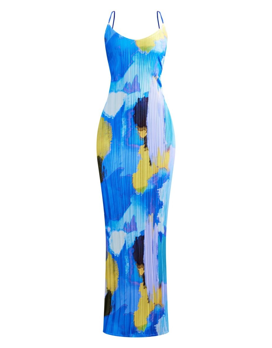 Blue Abstract Print Plisse Low Back Strappy Maxi Dress - 4