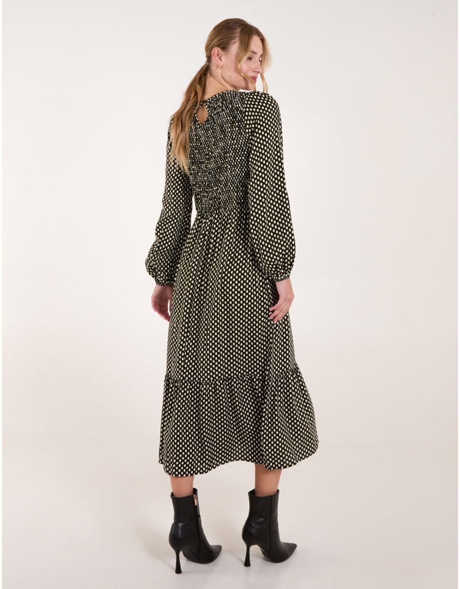Polka Dot Shirred Cuff Sleeve Midi Dress - 3