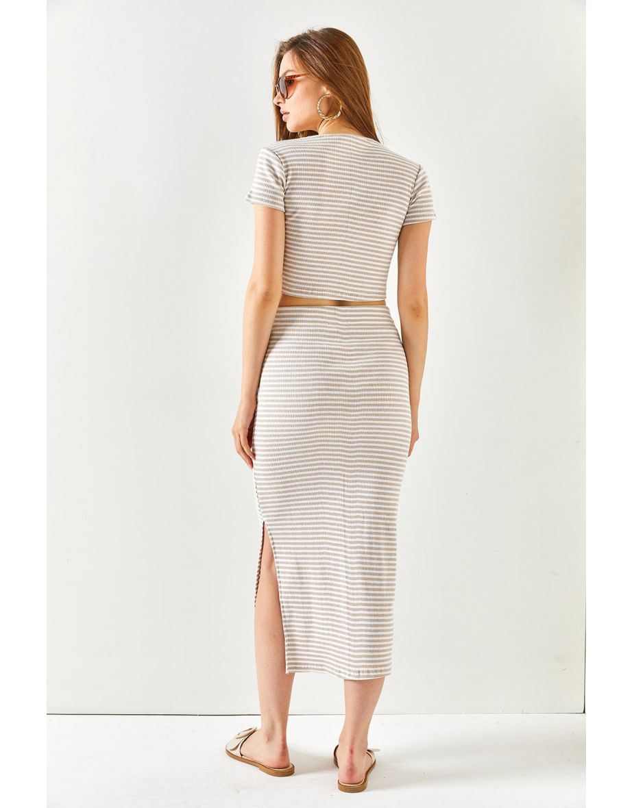 Women's Striped Beige Short Sleeved Lycra Suit with a Slit and Skirt - 8