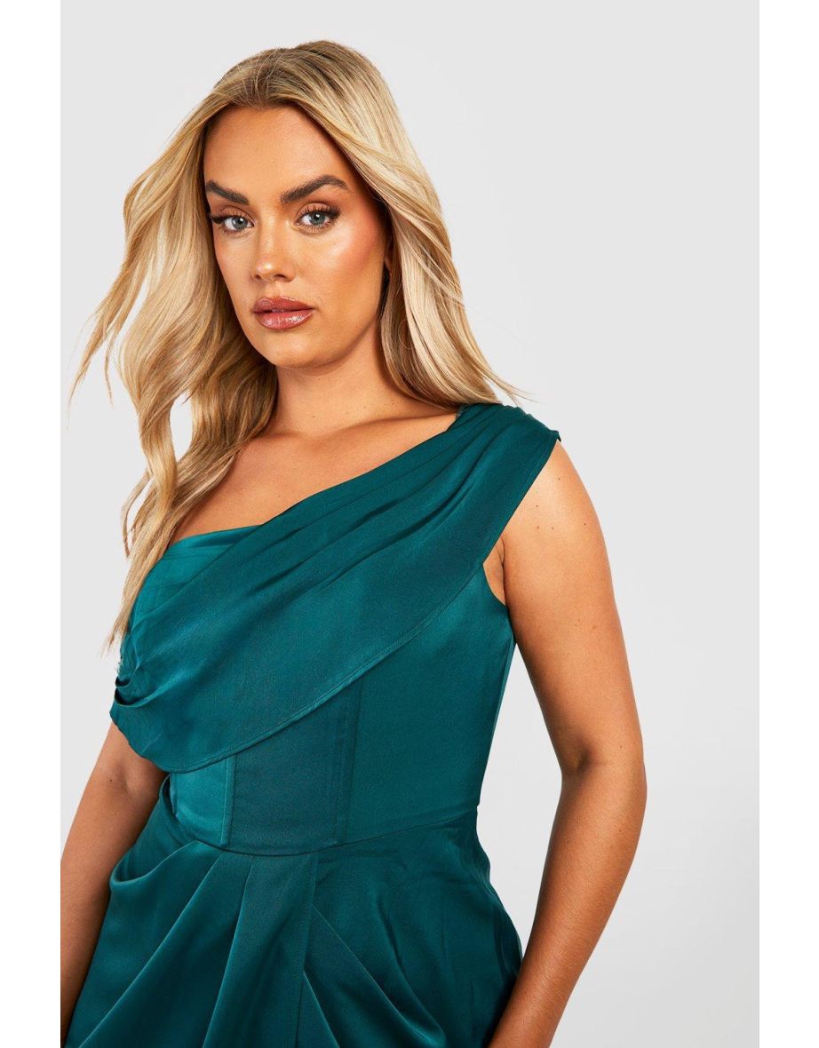 Plus Satin Corset Shoulder Wrap Midi Dress - emerald - 3