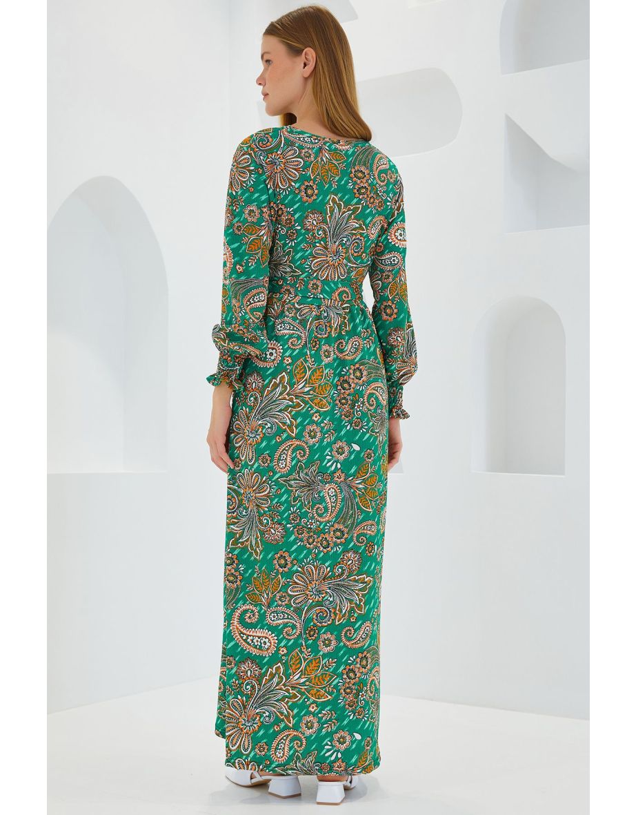 Women's Green Floral Patterned Knitted Hijab Dress - 5