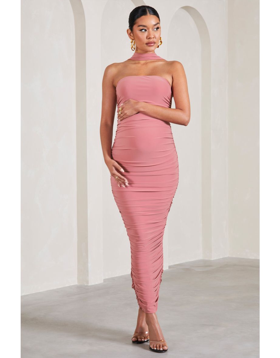Truly | Blush Pink Ruched Maternity Maxi Dress With Halter Collar - 4