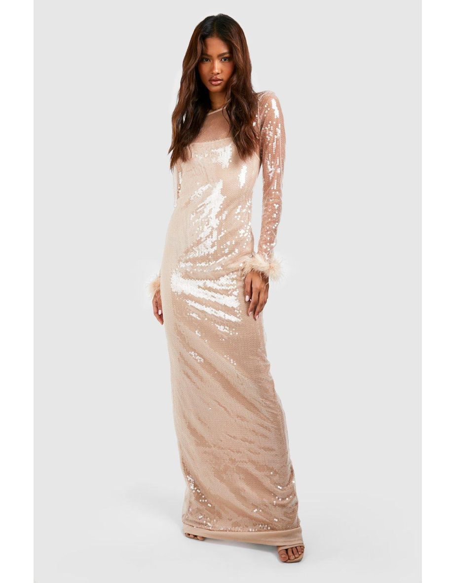 Shop Tall Sequin Fluffy Feather Trim Maxi Dress Online in Oman VogaCloset