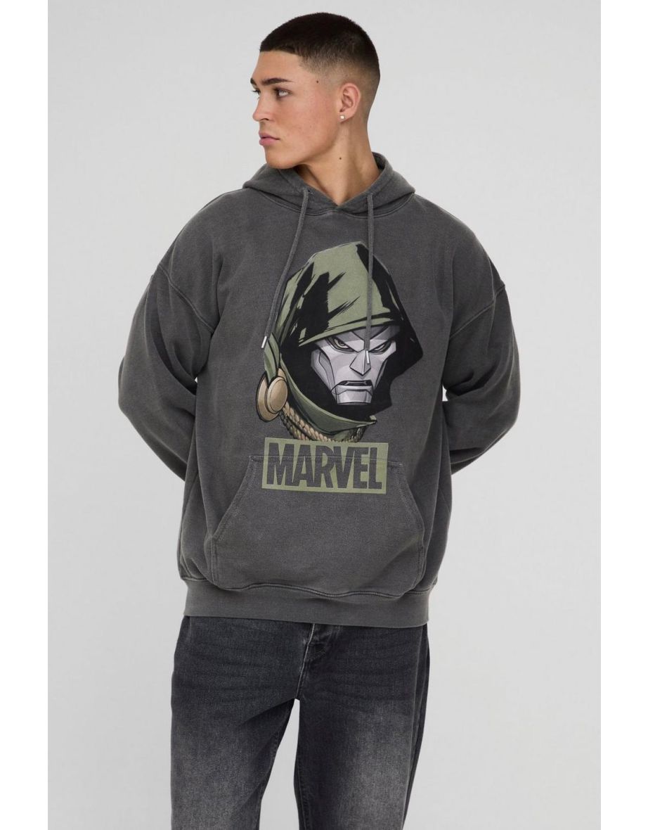 Oversized Wash Marvel Dr Doom License Print Hoodie - charcoal