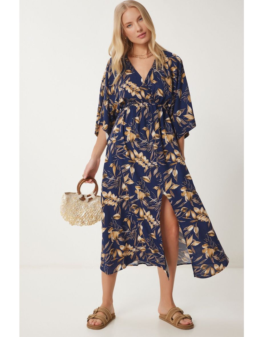 Women's Navy Blue Beige Wrap Collar Patterned Summer Viscose Dress