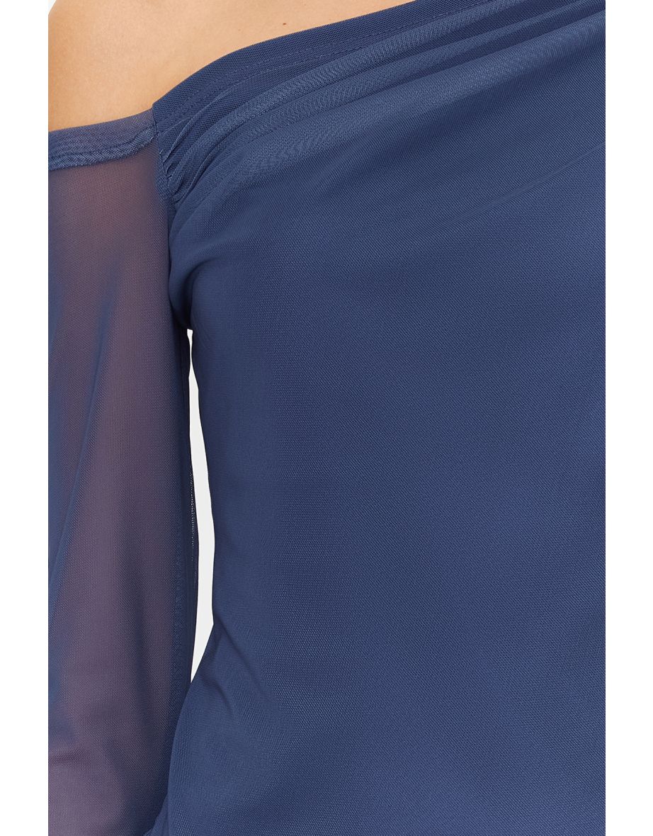 Indigo Tulle Lined Asymmetrical Collar Knitted Blouse - 7