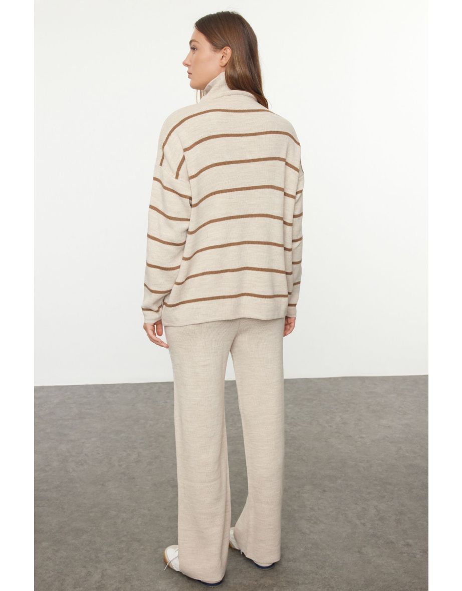 Beige Wide Pattern Zippered Knitwear Top-Bottom Set - 4